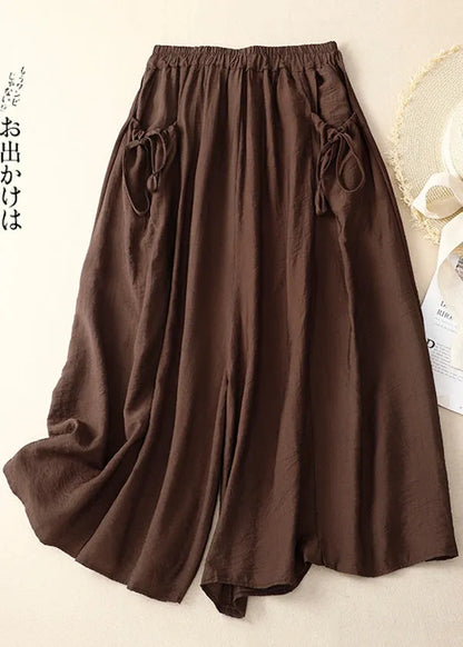 White Elastic Waist Pockets Cotton Wide Leg Pants Summer