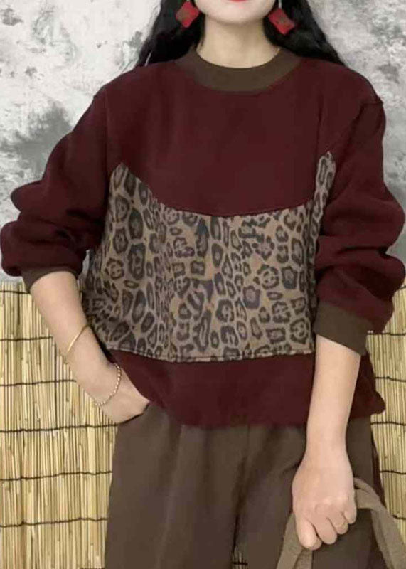Mulberry O Neck Leopar Patchwork Warm Fleece Top Winter