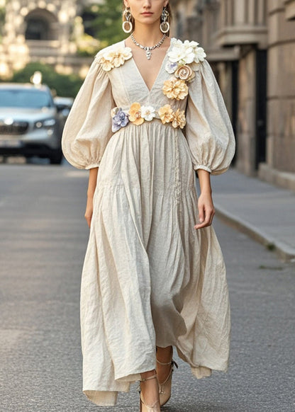 Unique Apricot V Neck Three-dimensional Cotton Dress Fall