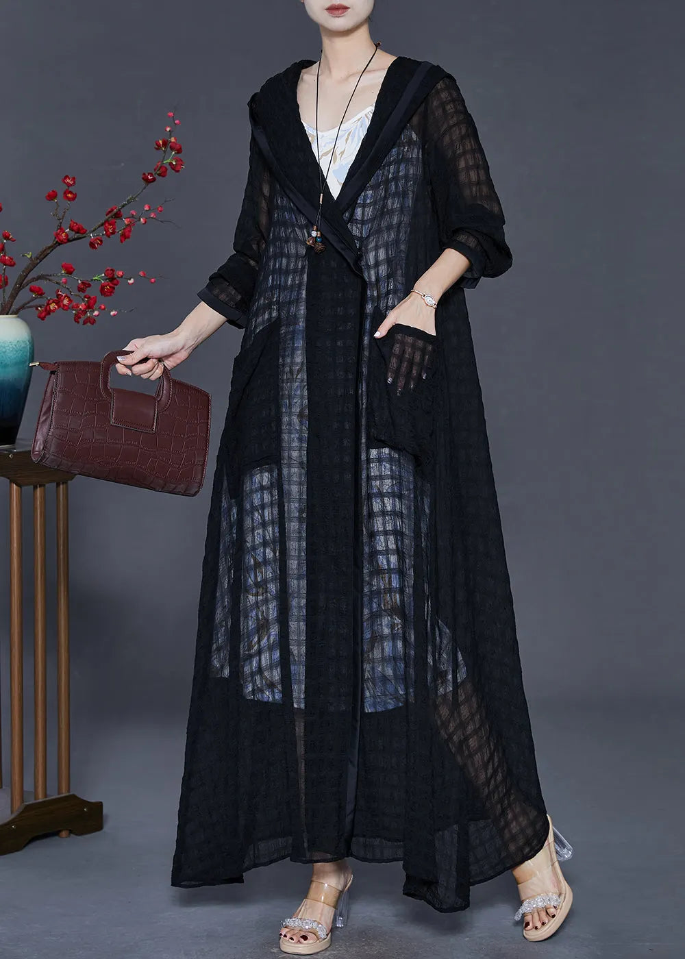 Black Hooded Plaid Tulle Cardigans Spring