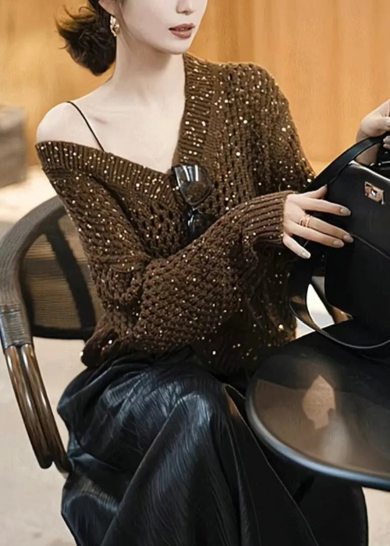 Handmade Coffee Sequins Hollow Out Cozy Knit Sweater Spring