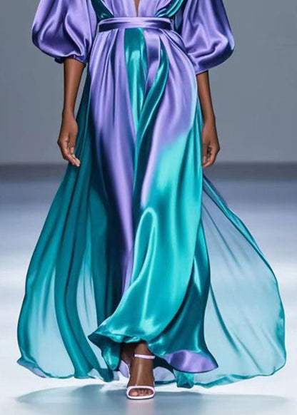 Gradient Purple V Neck Tie Dye Silk Long Dress Fall