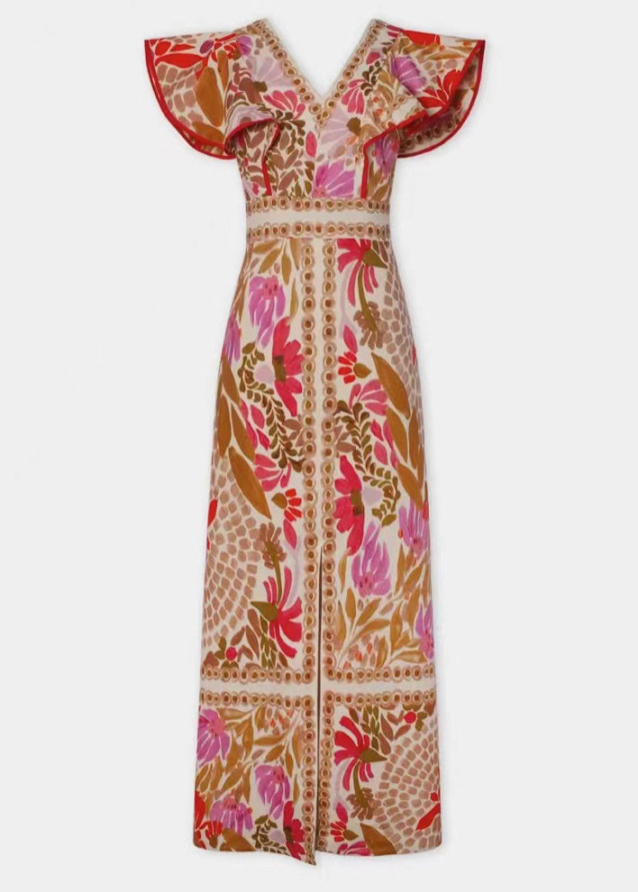 Orange V Neck Print Cotton Long Dresses Butterfly Sleeve