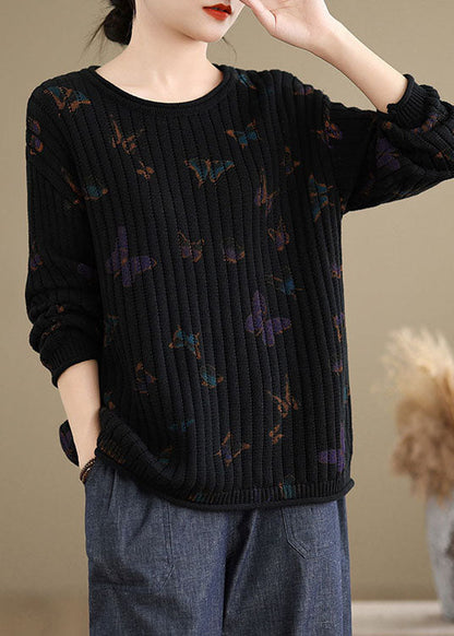 Black O Neck Print Cotton Knit Sweaters Spring
