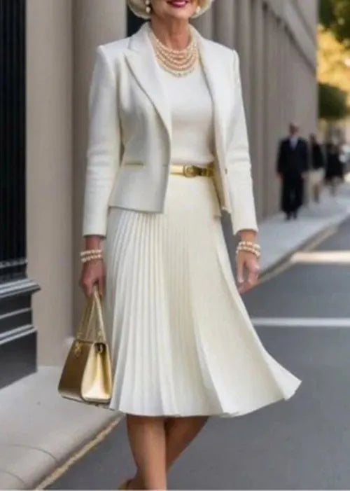 White Suit Coats and Dresses Cotton Two-piece Set Fall