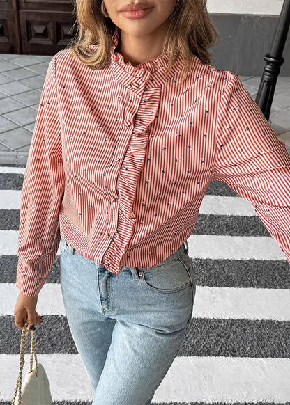 Red Ruffled Striped Patchwork Cotton Shirt Top Fall