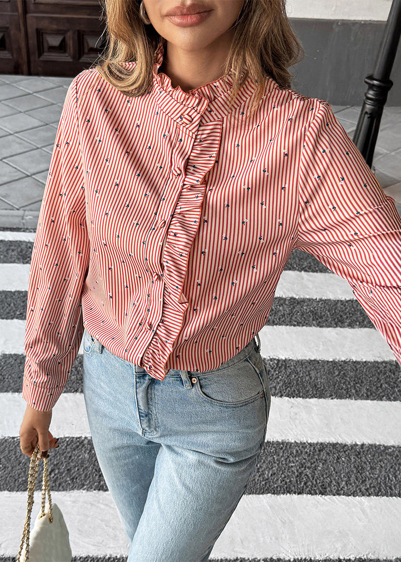 Red Ruffled Striped Patchwork Cotton Shirt Top Fall