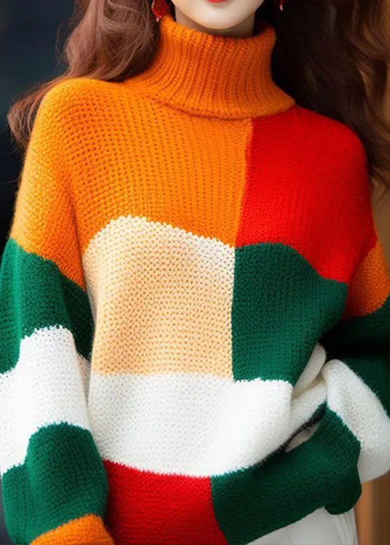 New Colorblock Hign Neck Knit Sweater Tops Spring