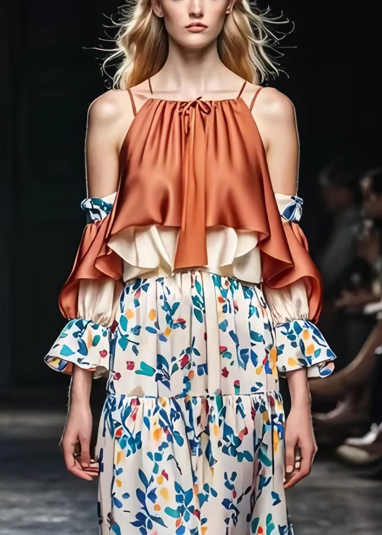 Brown Cold Shoulder Patchwork Print Silk Dresses Spring
