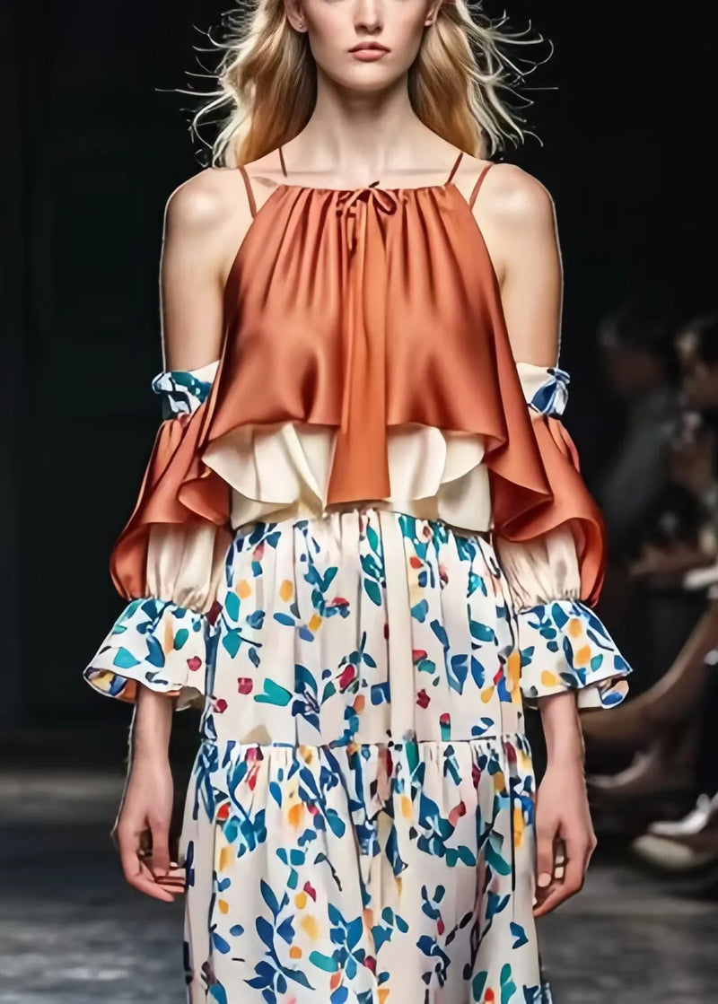 Brown Cold Shoulder Patchwork Print Silk Dresses Spring