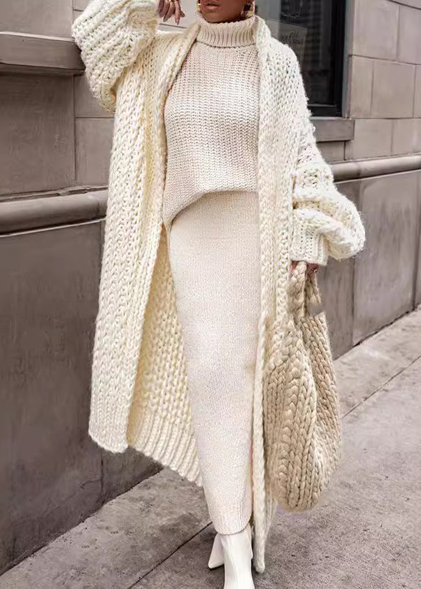 European and American Style White Puff Sleeve Knit Cardigan