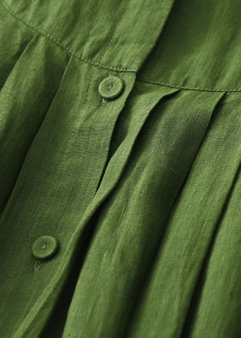 Art Green Button Wrinkled Cotton Blouses Dress Spring