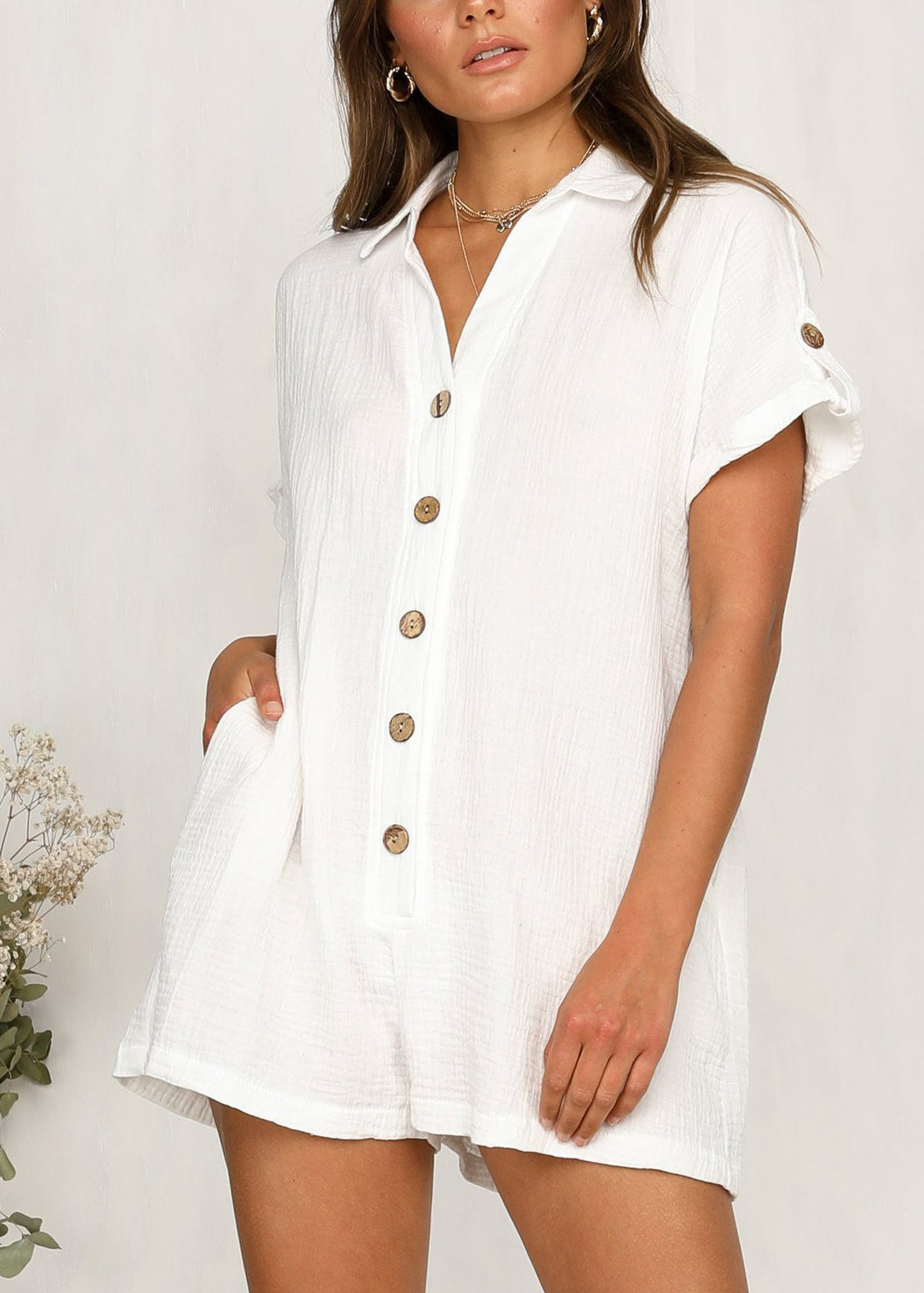 European and American Style White Button Cotton Jumpsuits Summer