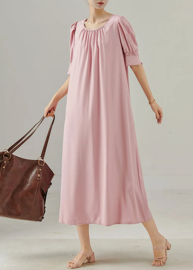 Italian Pink O-neck Cotton Vacation Dress Summer