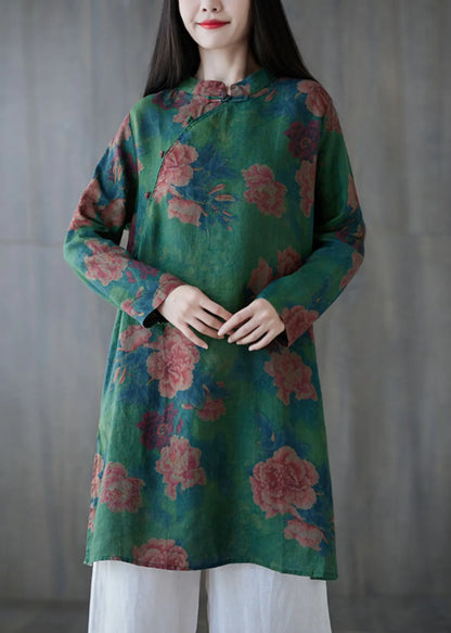 Green Button Print Linen Mid Dress Long Sleeve