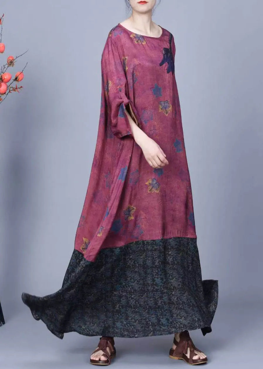 Purple Print Pockets Patchwork Silk Long Dresses Spring