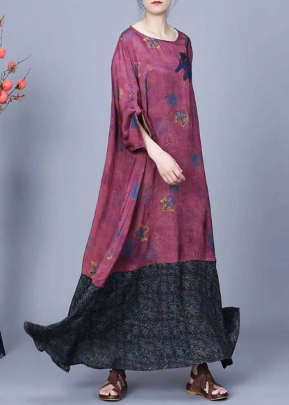 Purple Print Pockets Patchwork Silk Long Dresses Spring