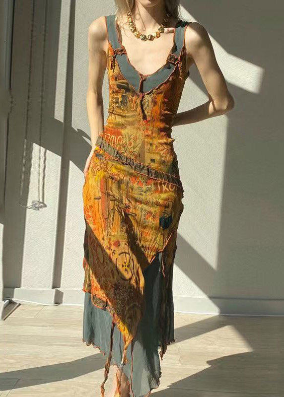 V Neck Asymmetrical Print Tulle Patchwork Long Spaghetti Strap Dress Summer