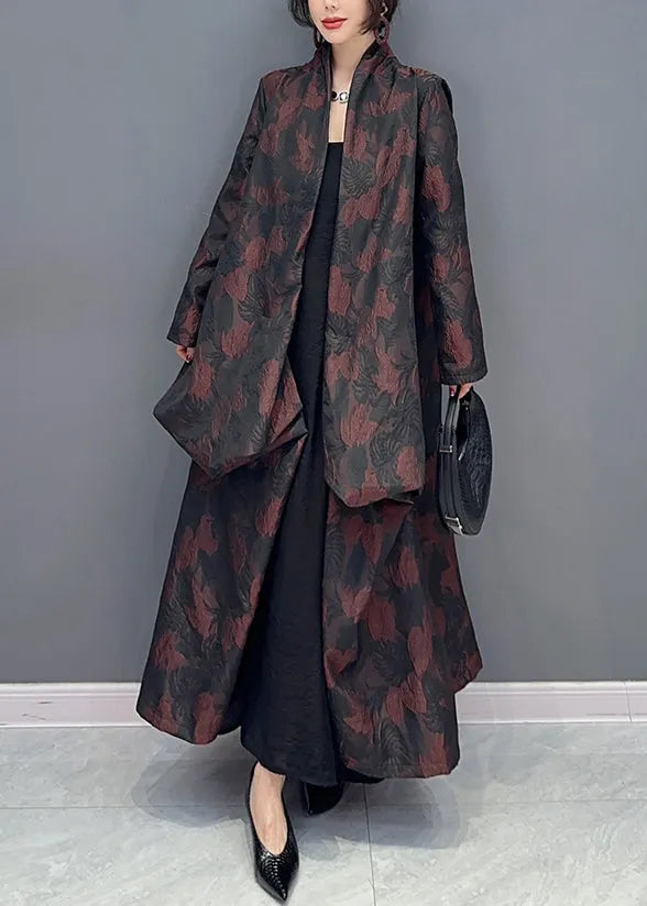 Brown Asymmetrical Jacquard Patchwork Cotton Cardigan Fall