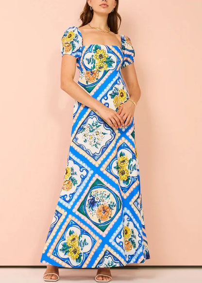Art Blue Square Collar Print Linen Long Dresses Summer