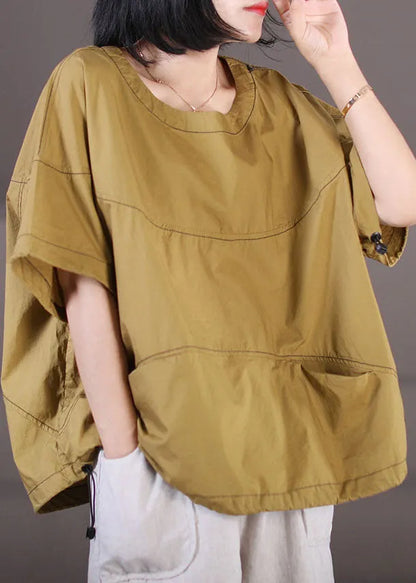 Yellow O-neck Pockets Line Cotton Top Short Sleeve