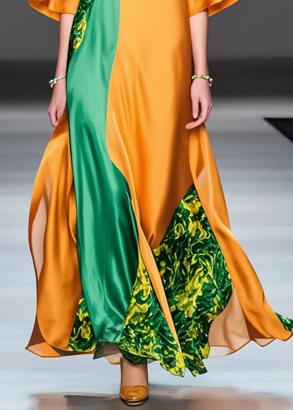Orange Oversized Patchwork Silk Long Dress Summer
