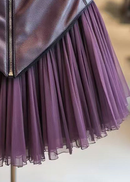 Purple Zippered Wrinkled Tulle Patchwork Skirts Spring