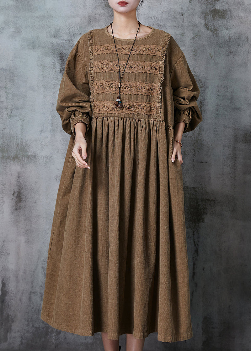 Coffee Oversized Patchwork Lace Corduroy Long Dress Spring