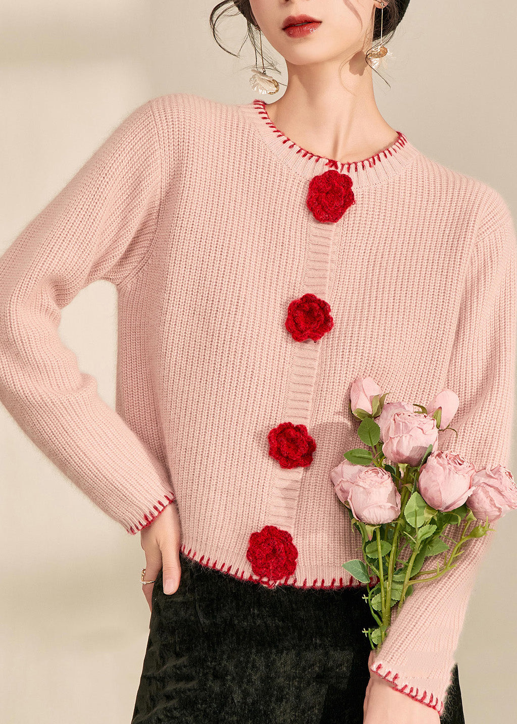 Pink O-neck Button Cotton Knit Cardigans Fall