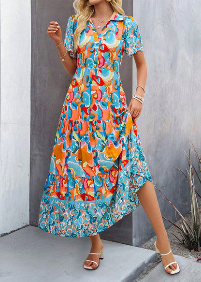 Green Peter Pan Collar Print Cotton Long Dress Summer