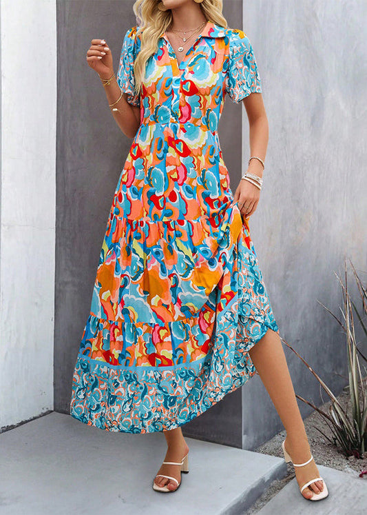 Green Peter Pan Collar Print Cotton Long Dress Summer