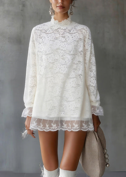 Fitted White Tulle Patchwork Lace Tops Spring