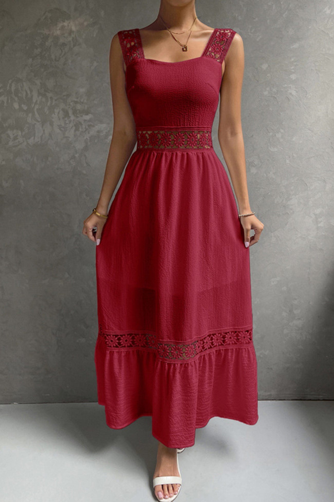 Jacquard Hollow Out Tiered Midi Dress