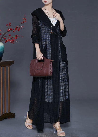Black Hooded Plaid Tulle Cardigans Spring