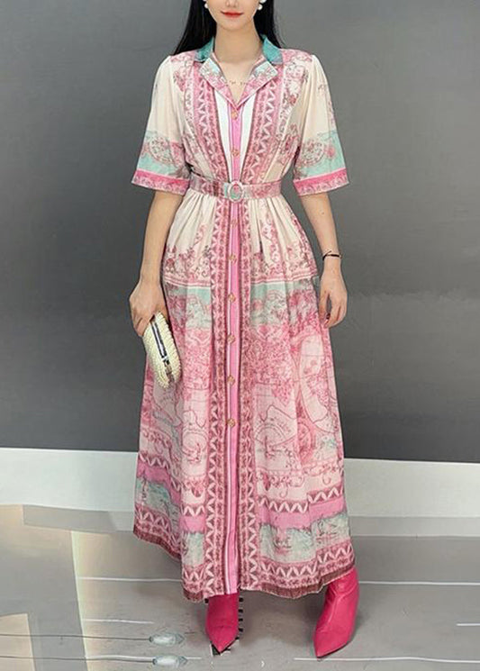 Pink Notched Print Tie Waist Long Dresses Short Sleeve