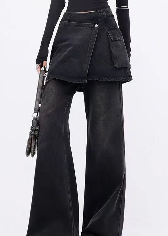 Modern Black False Two Pieces Patchwork Denim Flared Trousers Spring