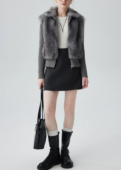 Grey Peter Pan Collar Patchwork Faux Fur Knit Cardigan Winter