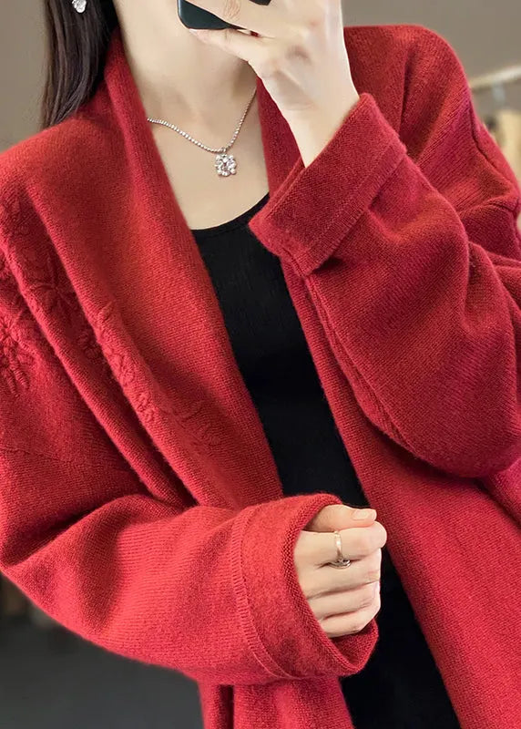 Loose Red V Neck Embroideried Cashmere Cardigan Top Fall