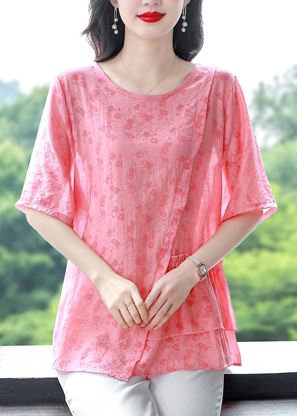 Pink Patchwork Linen Blouses Asymmetrical O-neck Ruffled Summer