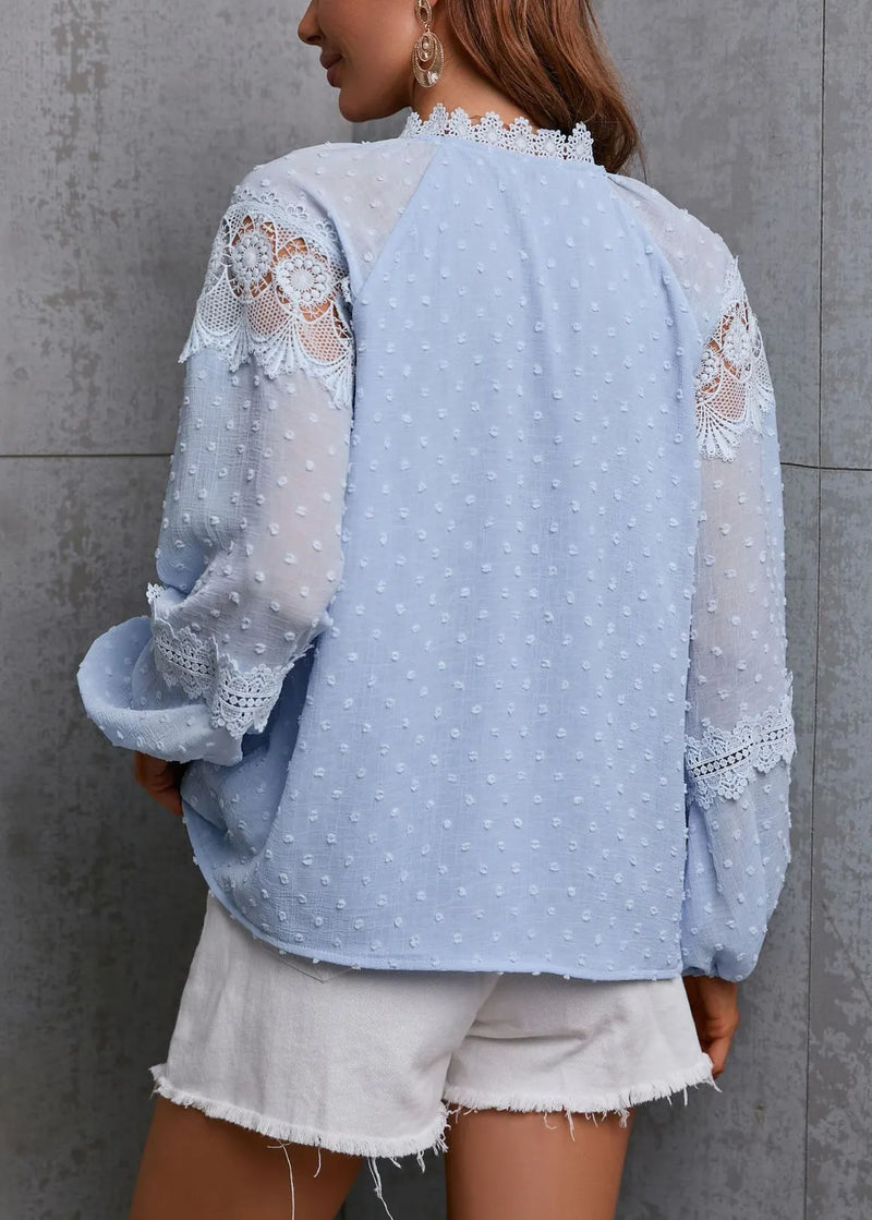 Unique Blue Hollow Out Lace Patchwork Chiffon Shirt Top Spring