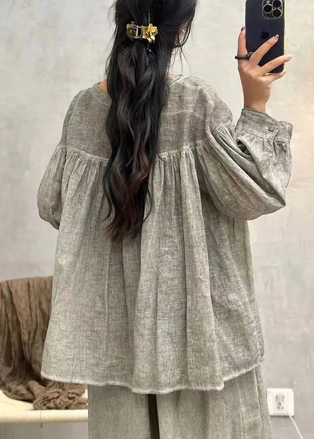 Grey Button Cotton Blouses V Neck Long Sleeve