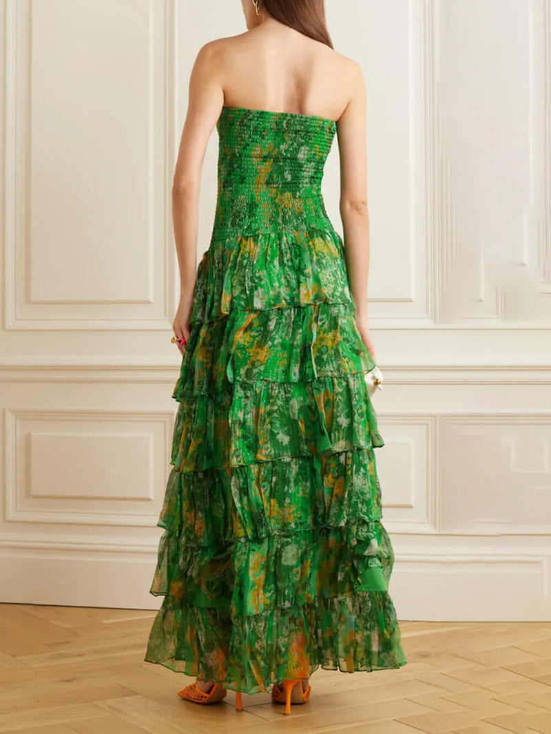 Strapless Layered Bandeau Print Maxi Dress