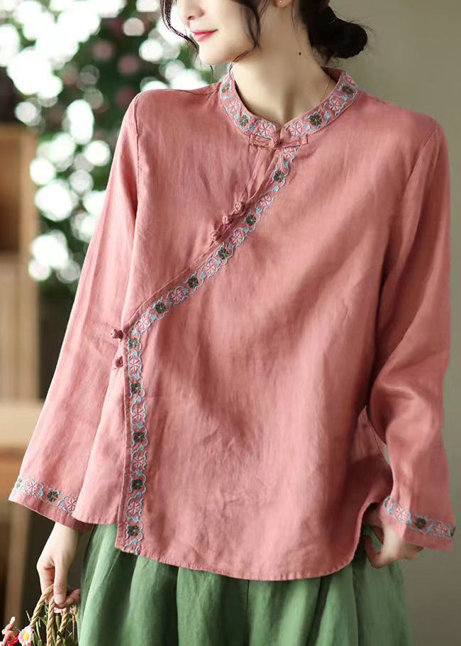 Red Stand Collar Embroidered Linen Shirt Top Long Sleeve