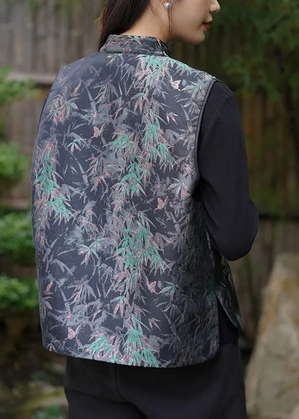 New Retro Black Tasseled Jacquard Fine Cotton Filled Vest Sleeveless