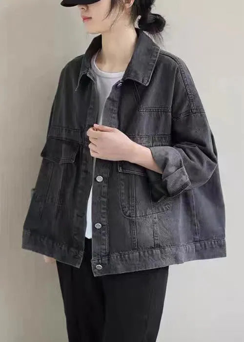 Black Button Pockets Denim Coat Long Sleeve