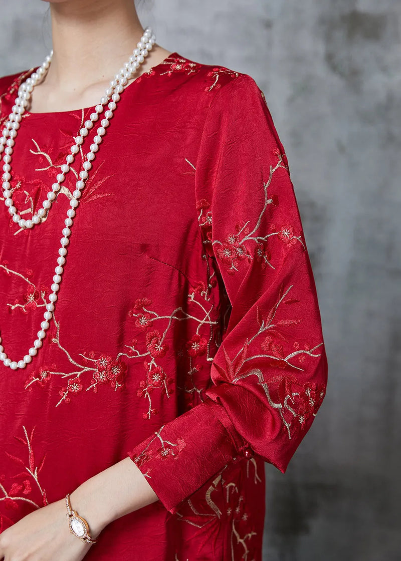 Red Embroidered Silk Blouses Fall