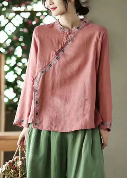 Red Stand Collar Embroidered Linen Shirt Top Long Sleeve