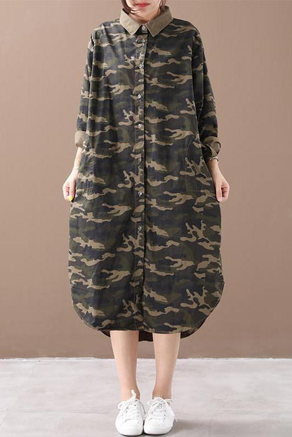 Limited Stock- Camouflage Polo Collar Cotton Shirt Dress