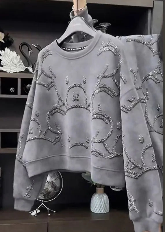 Grey O-neck Sequins Sweatshirt Fall