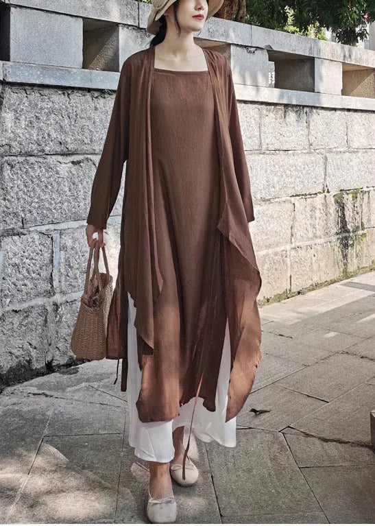 Brown Cotton Upf 50+ Long Cardigan Asymmetrical Long Sleeve